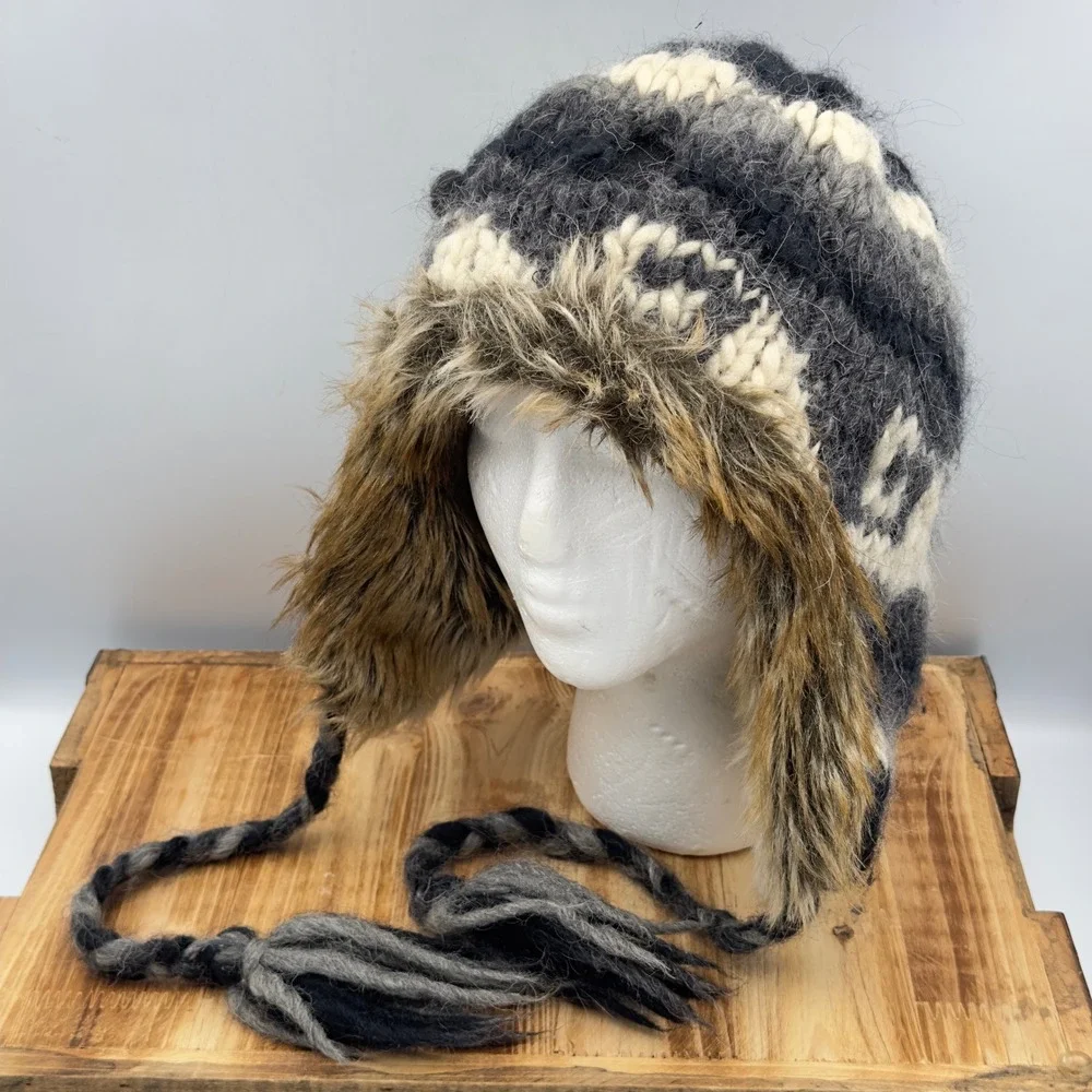 American Eagle Trapper Hat Gray Wool Alpaca Knit Faux Fur Y2K OS Winter Beanie